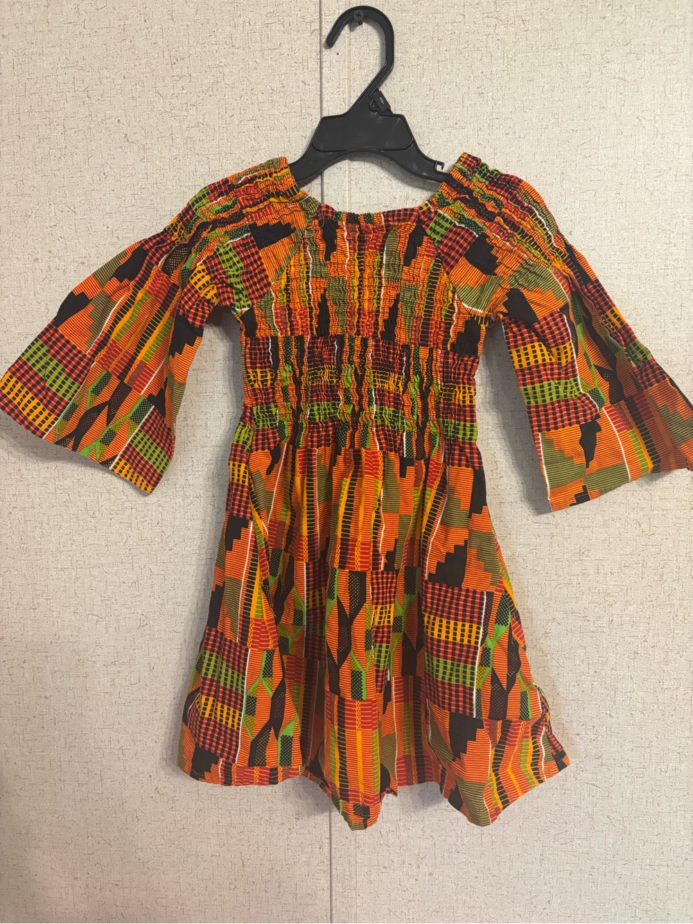Smocked Off-Shoulder African Print Mini Dress - Orange Multi one size